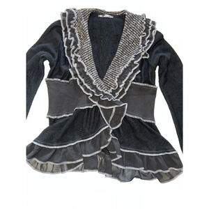 Forla Paris Black and Gray Ruffles Sweater Cardigan-Women's Medium/Large